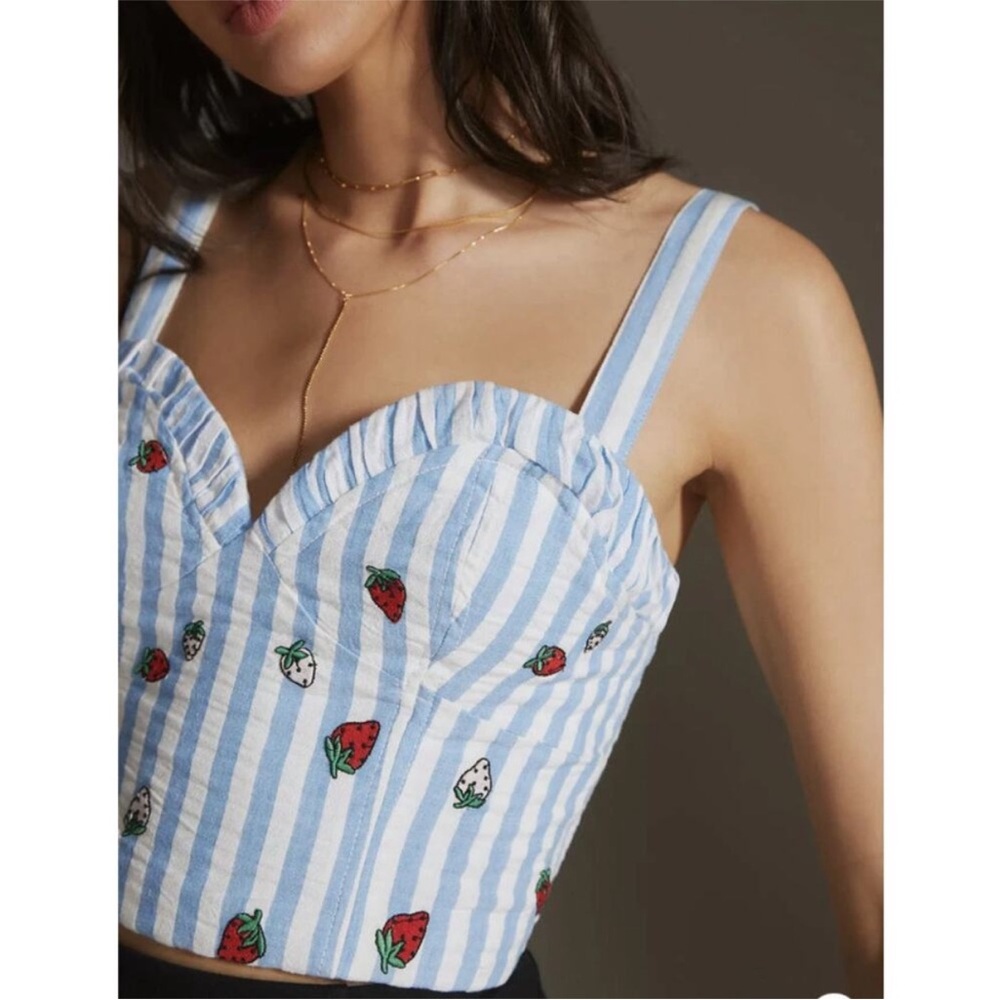 Anthropologie Maeve Blue White Striped Embroidered Strawberry Cami Top Size US 4